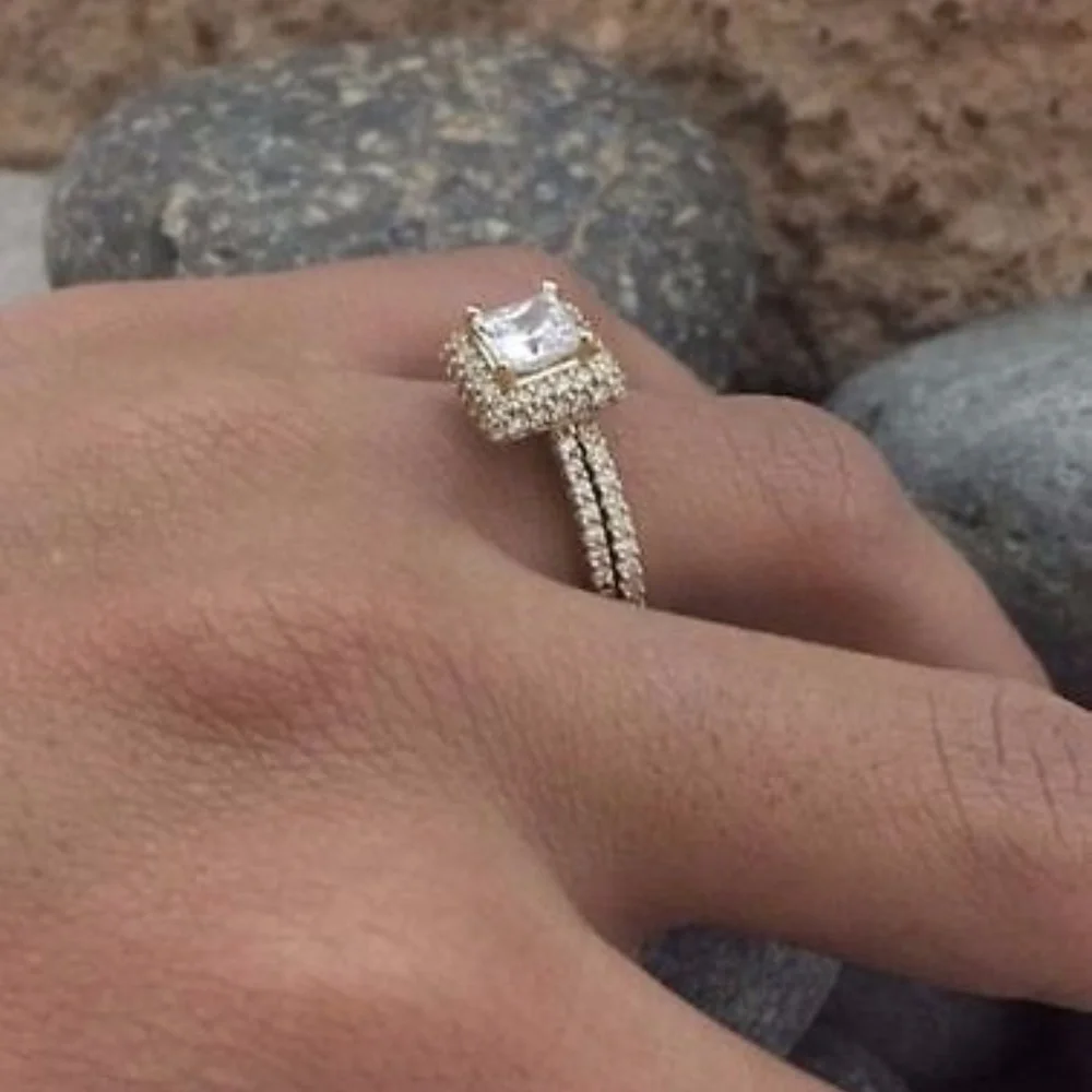 New Solid 14K Yellow Gold Princess Cut Engagement Bridal Ring band 2pc set